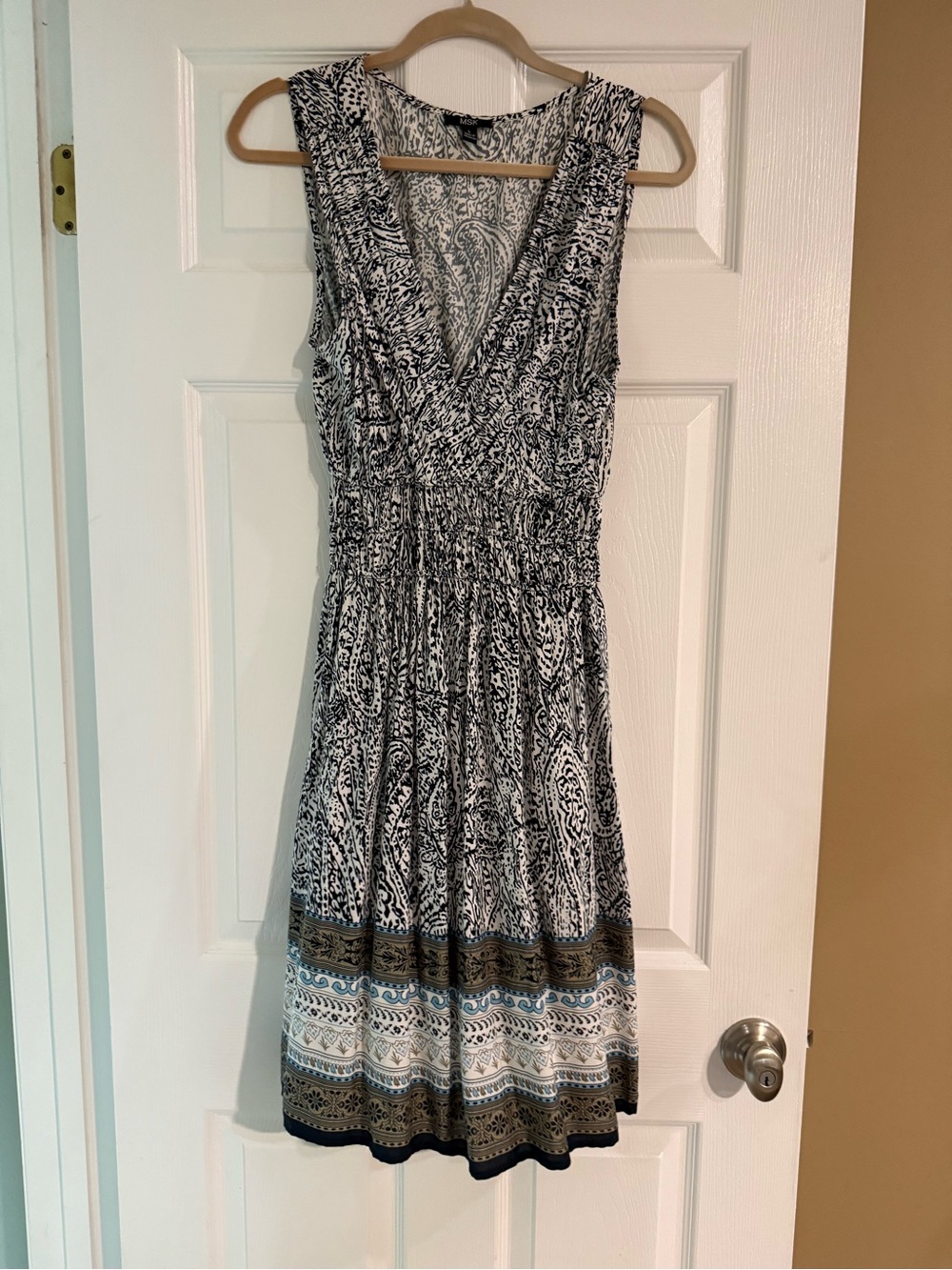 MSK Black & White Dress with Blue-Tan Border